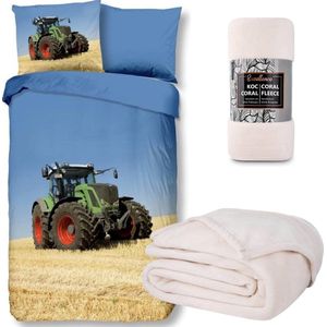 Good Morning Tractor kinder - dekbedovertrek - eenpersoons -140x200/220 cm 100% katoen- Boerderij- inclusief fleece-deken