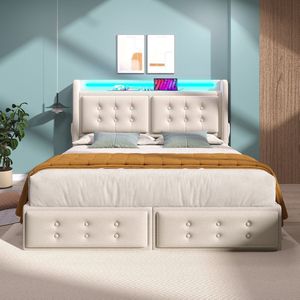 KOMHTOM Tweepersoonsbed Volwassen bed 160x200 met Led-hoofdbord en USB C-oplaadfunctie en 4 laden Linnen Beige