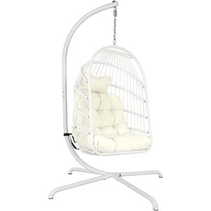 Eierstoel Met Ultrasterke Standaard - Kussen - Opvouwbare Rieten Rotan Hangstoel - Schommelstoel Binnen Buiten - Terras Loungen Stoel - Hangmat Stoel - 350 Lbs Capaciteit - Balkon Veranda Slaapkamer Tuin