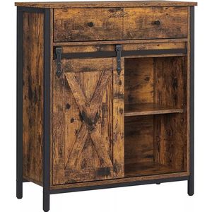 In And OutdoorMatch Bijzetkast Ryley - Dressoir met Planken en Lade - Keukenkast - Ladekast - Met Schuifdeuren - Landhuisstijl - Industrieel Design - Vintage Bruin/Zwart