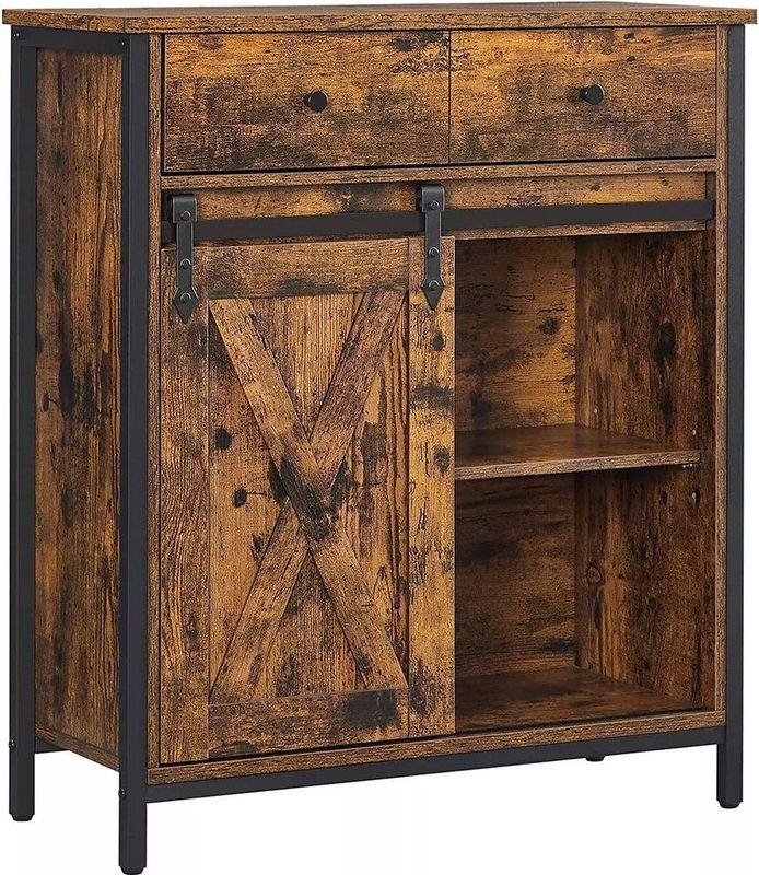 In And OutdoorMatch Bijzetkast Ryley - Dressoir met Planken en Lade - Keukenkast - Ladekast - Met Schuifdeuren - Landhuisstijl - Industrieel Design - Vintage Bruin/Zwart