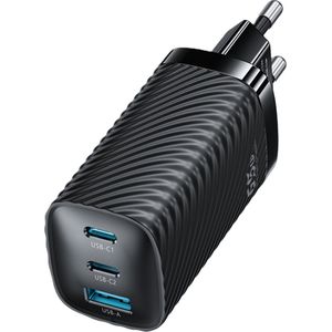 Toocki Oplader 65W 'Super Fast Charging' - 2x USB-C PD & USB-A 3.0 Poort - 65Watt Snellader GaN - Power Delivery - Quick Charge 4 - Tot 8 Keer Sneller - 3 Poorten - voor alle Smartphones, Tablets en Laptops geschikt - ZWART