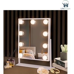 LifeStages - Hollywood Spiegel Met Bluetooth - Met Light Draadloos Oplaadstation - Hollywoodspiegel Met 3 Kleuren Licht & 9 Dimbare LED's