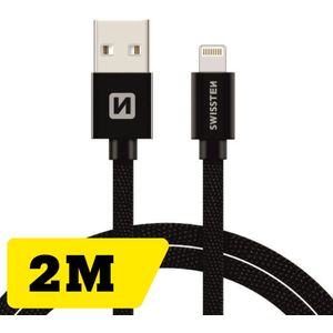 Swissten Lightning naar USB MFI Gecertificeerd kabel - 2M - Gevlochten kabel geschikt voor iPhone 7/8/X/11/12/13/14 - Zwart