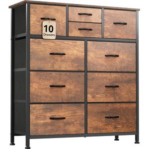 Ladekast slaapkamer met 10 laden opbergunit met zijvak, stalen frame, houten bovenkant, stoffen dressoir voor slaapkamer, woonkamer, kinderkamer, kast, rotte houtnerf