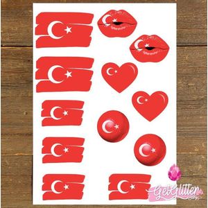 GetGlitterBaby® - Plak Tattoos WK Voetbal 2022 / Tijdelijke Tattoo Sticker / Nep Tatoeage / Gezicht en Lichaam Schmink Versiering - Turkije / Turkse Vlag / Turkey