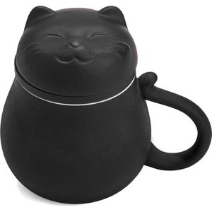 Keramische theekop met theezeef en deksel (330 ml), theemok met schattig kattendesign, filter voor het inweken van losse bladeren, cadeau voor vakantie, verjaardag, warm huis (zwart)