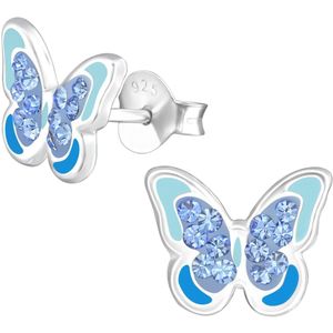 Joy|S - Zilveren vlinder oorbellen - blauw met blauw kristal - 9 x 7 mm