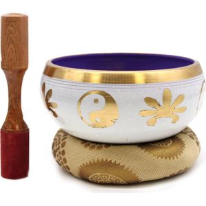 Grote Yin Yang Klankschaal Set - Wit Paars - 14cm - Singing Bowl - Klank Schaal - Meditatie Schaal met Aanstrijkhout & Kussen