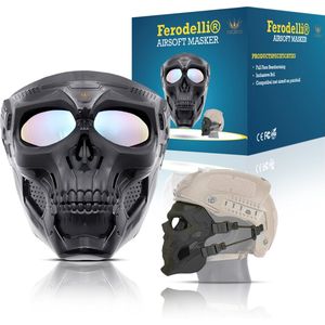 Ferodelli Airsoft Masker - Full Face - Met Bril - Paintball - Mask - Tactical Helm - Zwart