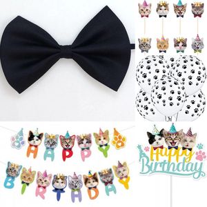 Poezen decoratie set 21-delig Happy birthday Cats met strik, slinger, ballonnen, taart en cupcake prikkers - poes - kat