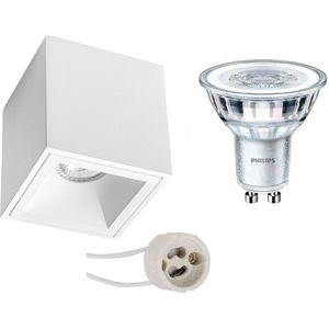 Opbouwspot Set - Proma Cliron Pro - GU10 Fitting - Opbouw Vierkant - Mat Wit - Verdiept - 90mm - Philips - CorePro 827 36D - 4W - Warm Wit 2700K - Dimbaar