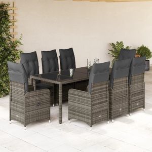 vidaXL 9-delige Bistroset - Poly Rattan - Grijs Tuinmeubleset - Bistro Set - Lounge Set - Buitendecoratie - Poly Rattan - Outdoor Furniture - Garden Chairs - Dining Set - Adjustable Chair - Hard Glass Top - Cushions - Comfortable Seating