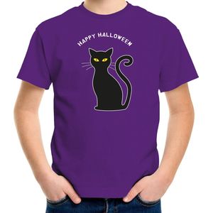 Bellatio Decorations halloween verkleed t-shirt kinderen - zwarte kat - paars - themafeest outfit 140/152