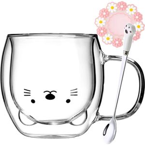 Cat Mug Glas Dubbelwandige Glazen Cat met Handvat Koffie Mok met Lepel & Onderlegger Koffie Mokken Drinken Glazen Cat Glazen Thee Kop Espresso Mokken Gift voor Kerstmis