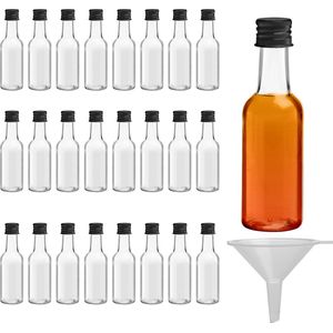 Belle Vous Mini Likeur Flesjes (24 pak) - Plastic 50ml Lege Alcohol Flesjes met Zwarte Schroef Dop en Vloeistof Trechter Voor Makkelijk Schenken en Flessen Vullen - Mini Flesjes Voor Huwelijk en Feest