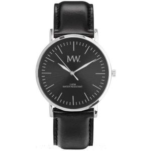 Horloge MW Flat Style zilver met zwart lederen band
