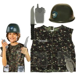 Soldaat Kostuum - Militair met accessoires - Leger Helm - Mes - Walkie Talkie - Granaat - Military Vest - Soldaat Verkleedkleding - Carnaval