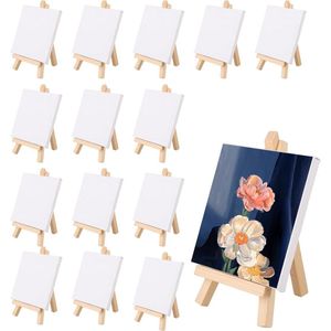 Mini-schildersezels met Canvas - 15 stuks - Houten Tafelschildersezels - 10x10 cm