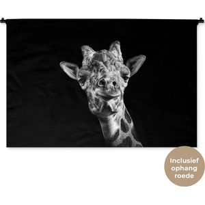 Wandkleed Close-up Dieren in Zwart-Wit - Giraffe tegen zwarte achtergrond in zwart-wit Wandkleed katoen 150x100 cm - Wandtapijt met foto