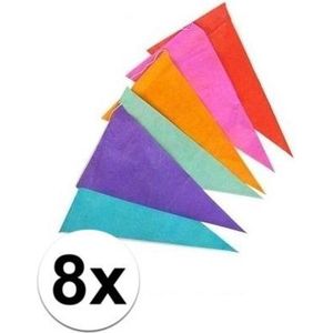 8x Papieren vlaggenlijn veelkleurig 10 meter - Feestversiering - Slingers