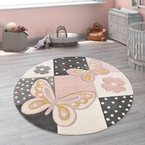 Paco Home Kindervloerkleed Kinderkamer Meerkleurig Roze Vlinders Ruitpatroon Stippen Bloemen Ø 120 cm Rund