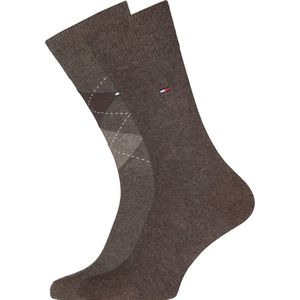 Tommy Hilfiger Check Socks (2-pack) - herensokken katoen - geruit en uni - bruin - Maat: 43-46