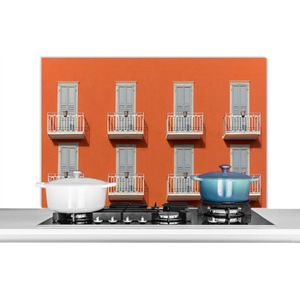 Spatscherm keuken 100x65 cm - Kookplaat achterwand Deur - Balkon - Architectuur - Palmboom - Oranje - Muurbeschermer - Spatwand fornuis - Hoogwaardig aluminium