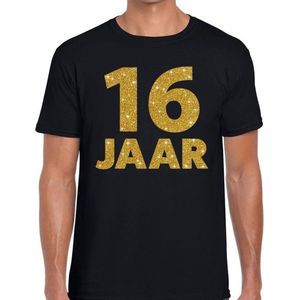 16 jaar gouden glitter tekst t-shirt zwart heren - heren shirt 16 jaar - verjaardag kleding M