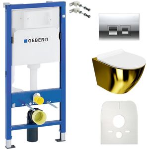 Inbouwreservoir Complete Toiletset Geberit Duofix Basic - Inbouw WC Hangtoilet Wandcloset SOFI SLIM GOUD/WIT Hoogglans - Bedieningsplaat DELTA Chroom Vierkant - Voorwandelement - Installatiesysteem