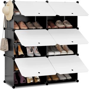 Asaam 6 Compartimenten Schoenenkast -Deuren Schoen Opbergdoos- Modulaire Plastic Schoenenrek -Plank Voor Hal Woonkamer en Slaapkamer-Modulaire Plastic - Zwart/Wit - (45x35x35cm)