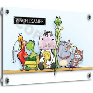 Dierenarts Cartoon op plexiglas - Dieren in de wachtkamer - Unieke cartoon - Roland Hols - Luxe uitstraling - 30 x 40 cm - 5 mm dik - inclusief 4 afstandhouders zwart