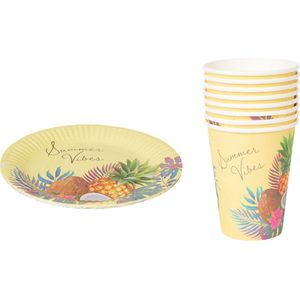 Zomer set TROPICAL Ananas Print - Geel / Multicolor - Karton - 8x bekers (400 ML) - 8x borden