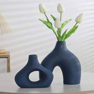 Blauwe keramische vaas, set van 2 voor moderne wooncultuur, ronde mat, donut-vazen voor pampasgras, neutrale boho-Scandinavische minimalistische stijl, bloemenvazen voor woonkamer, bruiloft