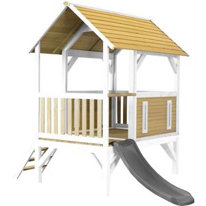 AXI Akela Speelhuis in Bruin/Wit - Met verdieping en Grijze Glijbaan - Speelhuisje voor de tuin / buiten - FSC hout - Speeltoestel voor kinderen