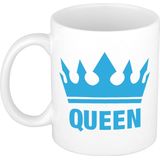 1x Cadeau Queen beker / mok - wit met blauwe bedrukking - 300 ml keramiek - witte bekers