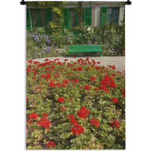 Wandkleed Monet's tuin - Bankje met bloemen in de Franse tuin van Monet in Europa Wandkleed katoen 120x180 cm - Wandtapijt met foto XXL / Groot formaat!