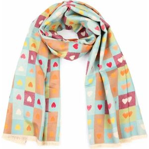 Bijoutheek Sjaal (Fashion) blokjes hartjes (80x180cm) Blauw