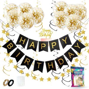 Fissaly Verjaardag Slinger Zwart & Goud met Papieren Confetti Ballonnen – Decoratie – Happy Birthday