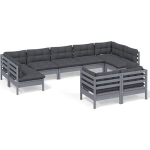 vidaXL 9-delige Loungeset massief grenenhout grijs Loungeset - Tuinset - Houten Bank - Buitentijd - Relaxen