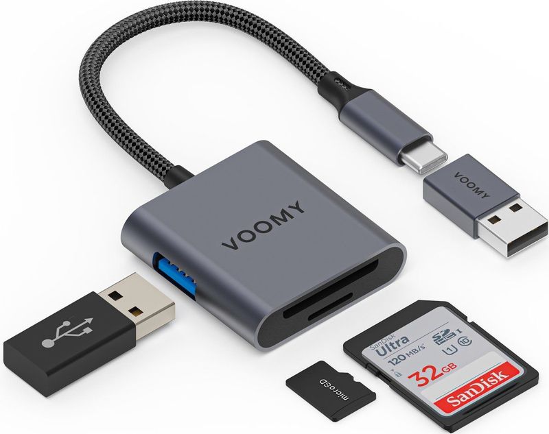 Voomy SD Kaart Lezer - 3 in 1 - SD / Micro SD / TF Card Reader - Kaartlezer Space Gray- Geschikt voor Macbook Pro / Air / Windows / Universeel - Inclusief USB C naar USB A converter