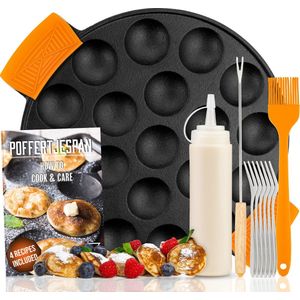 IRONO Poffertjespan Set - Incl. Doseerfles, Keervork en 6 vorkjes - Poffertjespan Inductie en Electrisch - Poffertjesmaker 19 Poffertjes - Gietijzeren Pan - Poffertjes Maken - Spuitfles - Moederdag Cadeautje - Moederdag Geschenkset