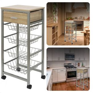 Cheqo® Keukentrolley op Wieltjes - Trolley - Rolwagen - 4 Uitneembare Manden - 1 Lade - 33,5 x 36 x 68 cm - Metaal & Hout - Serveerwagen - Eenvoudig te Monteren - Ook Geschikt voor andere Kamers