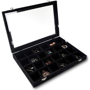 Sieraden Organizer Lade met Transparant Deksel 24 Grid Fluwelen Lade Insert Opbergdoos met Transparant Glazen Deksel Display Case met Slot Geschenken voor Meisjes Vrouwen