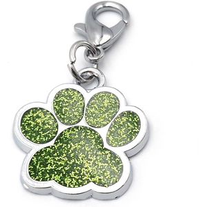 Sleutelhanger of halsbandhanger 25x25 mm met hondenpootje licht groen glitter met karabijnslotje