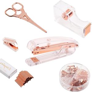 Bureaudecoratieset voor dames in roségoud met nietmachine tape-dispenser nietjesverwijderaar torenschaar esthetische schoolbenodigdheden meisjes