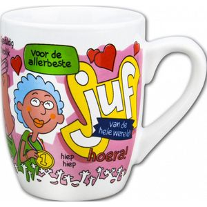 Cartoon - Mok - Voor de allerbeste juf - In cadeauverpakking met gekleurd lint