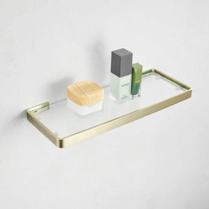 Glas Badkamerrek - 55 cm - Rechthoekig - Goud Geborsteld - Wandplank van Glas en Roestvrij Staal - Luxe Doucheplank - Badkamer Organizer