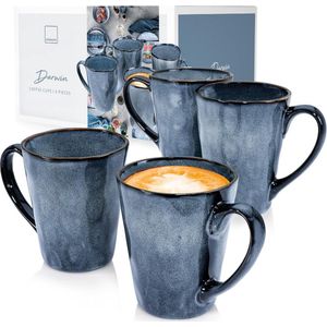 Your Paradise - Koffiekopjes set van 4 stuks, koffiemokken set voor 4 personen, aardewerk mok met handvat, vaatwasmachinebestendig, koffiekopjes, groot blauw, 500 ml, premium collectie