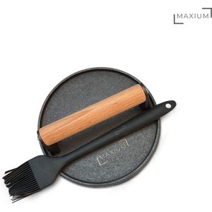 Maxium - Hamburgerpers XL - Gietijzer - Extra zwaar - 17,5 cm - BBQ Accesoires - Hamburgermaker - Grill Hamburger Press - Smash Burger Maker - Inclusief Siliconen Kwast - Vaderdag cadeau
